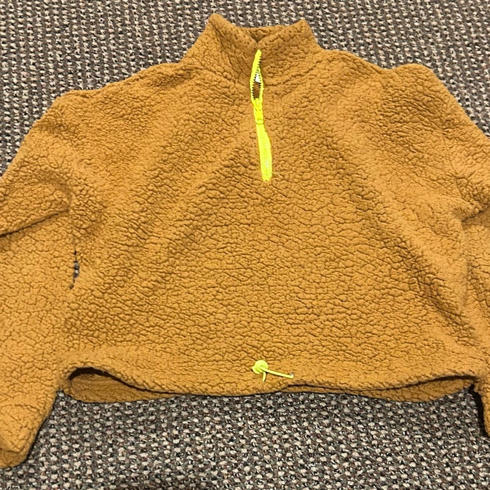 Warm Brown Sherpa Pullover with Neon Zipper crop top